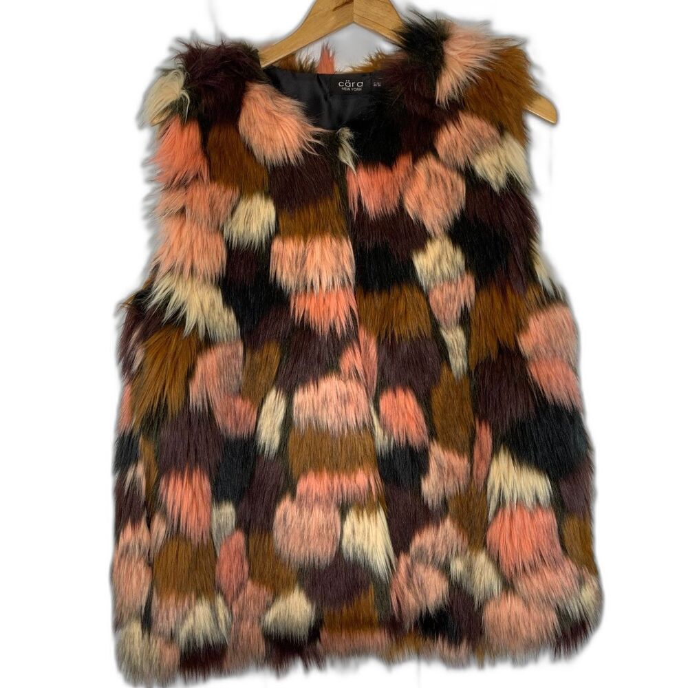 Cara Faux Fur Vest Large Multicolor Patchwork Y2K Mob Wife Maximalist Statement‎